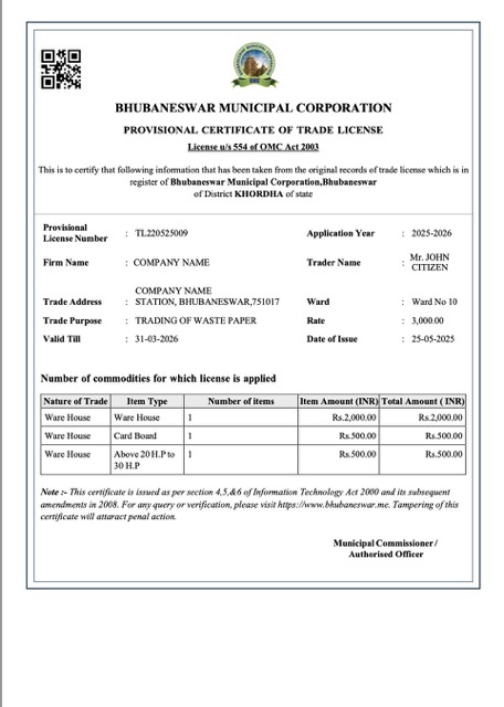 India Bhubaneswar provisional certificate of trade license Word and PDF template
